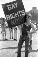 Unidentified woman with "Gay Rights Now" picket sign