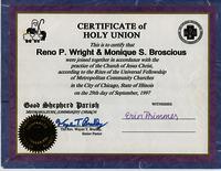 Certificate of Holy Union for Reno P. Wright and Monique S. Broscious