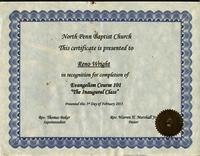Certificate in recognition of completion of Evangelism Course 101 'The Inaugural Class'